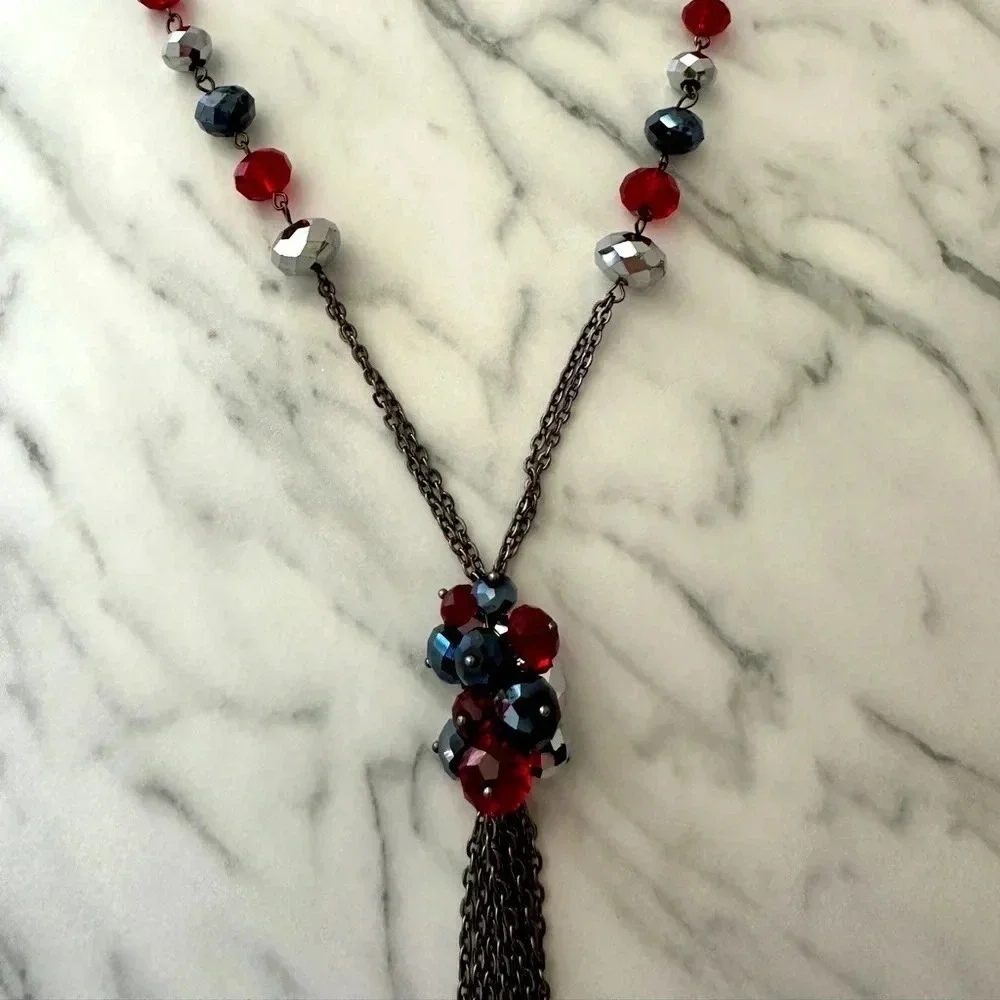 Aldo fashion necklace silver black and red stones @18” long